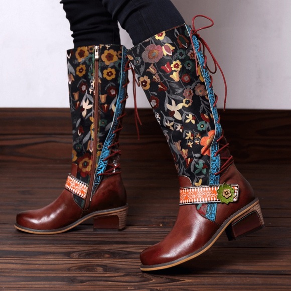 SOFFIA | FLORAL TIE-ACCENT KNEE-HIGH LEATHER BOOTS - Picture 4 of 12